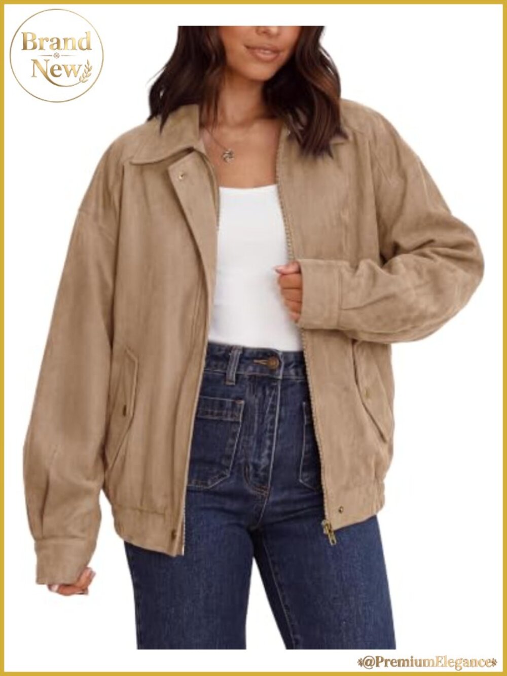 Faux Suede Bomber Jacket Women Oversized Long Sleeve Zip Up Loose Fit